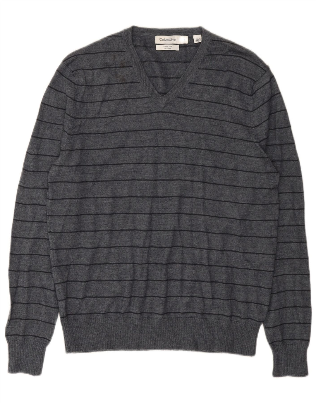 Suéter masculino Calvin Klein com decote em V, lã merino listrada cinza médio