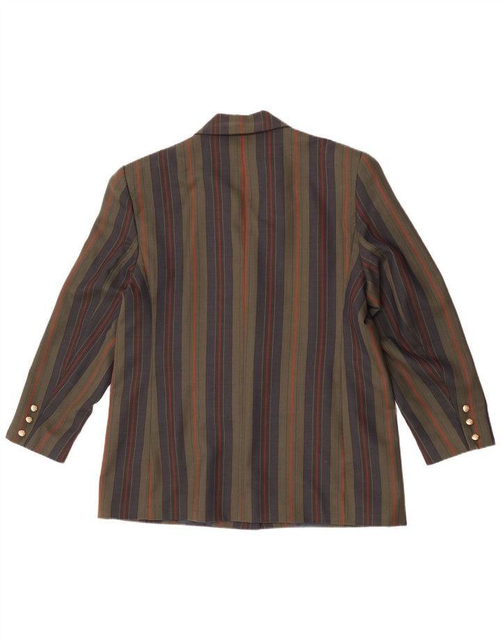 Jaqueta blazer feminina vintage com 3 botões Reino Unido 18 XL lã listrada cáqui