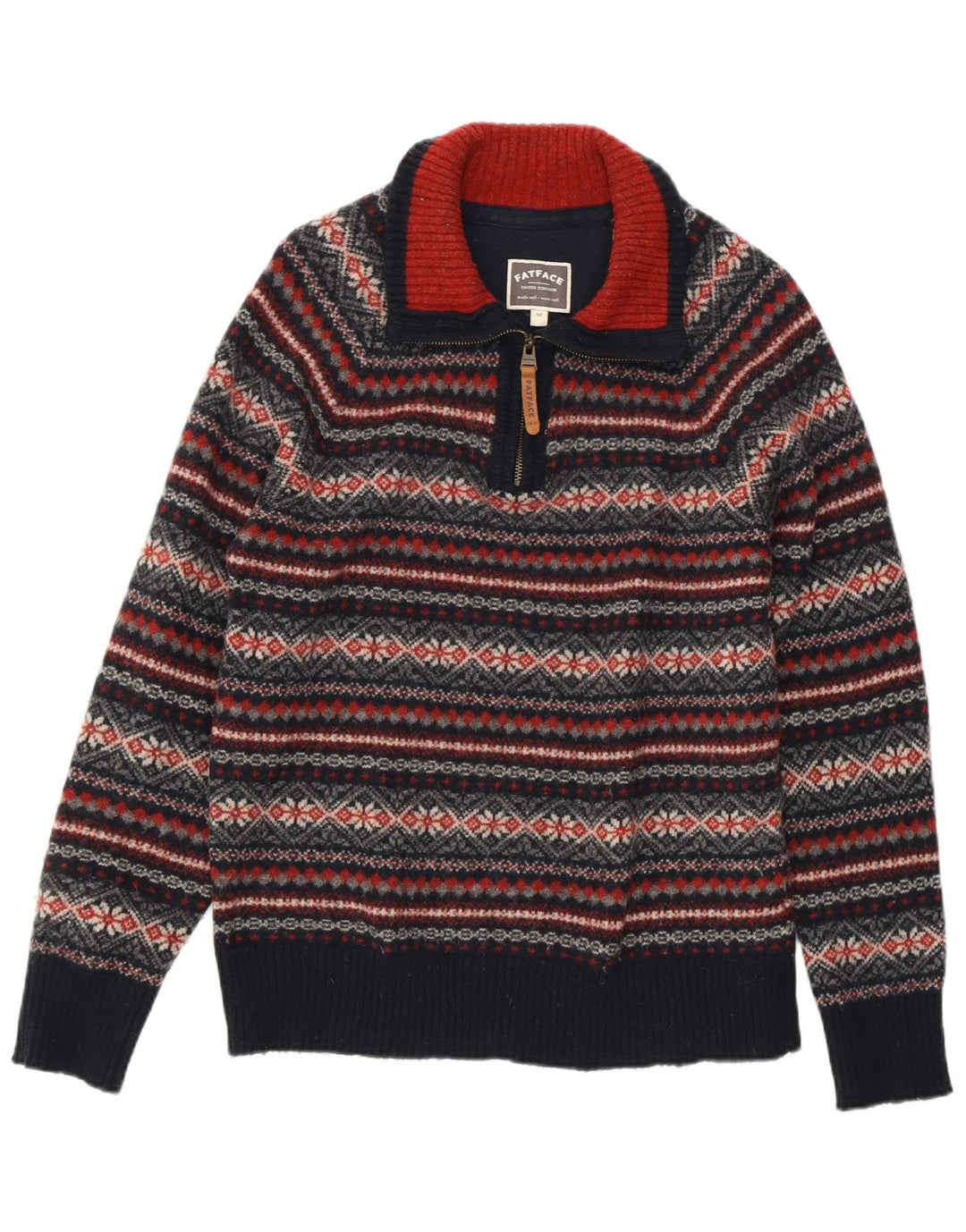 Suéter feminino FAT FACE com gola e zíper Reino Unido 14 médio azul marinho Fair Isle