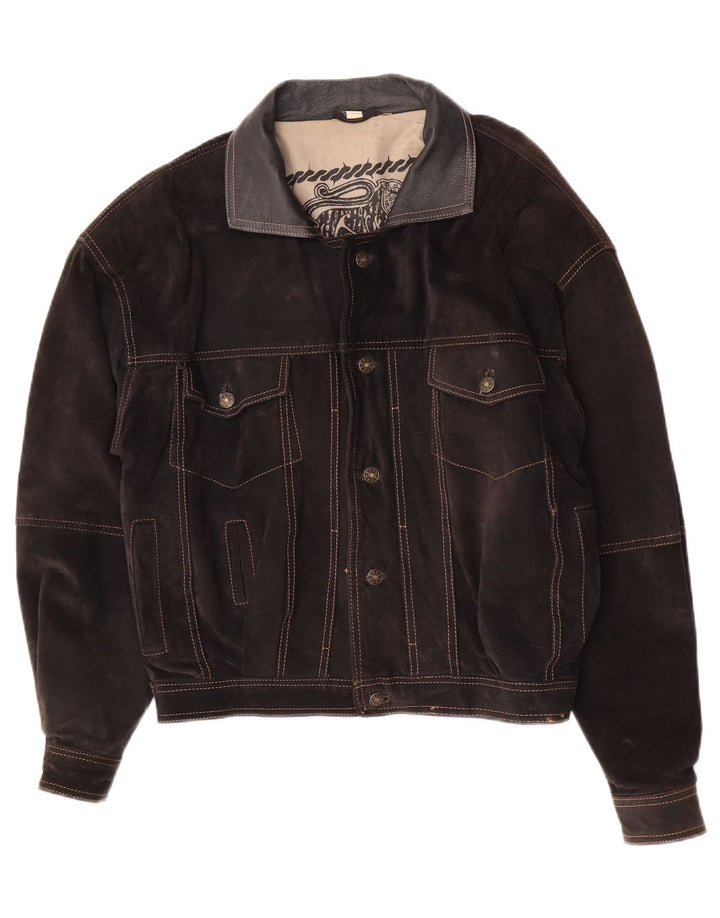 Jaqueta masculina de couro bomber John F Gee de grandes dimensões IT 46 pequena camurça marrom