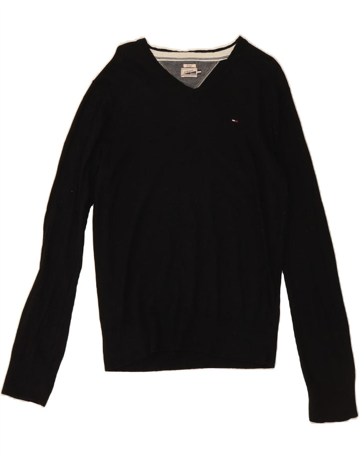 TOMMY HILFIGER Mens Heritage V-Neck Jumper Sweater Large Black Cotton Vintage Tommy Hilfiger and Second-Hand Tommy Hilfiger from Messina Hembry 