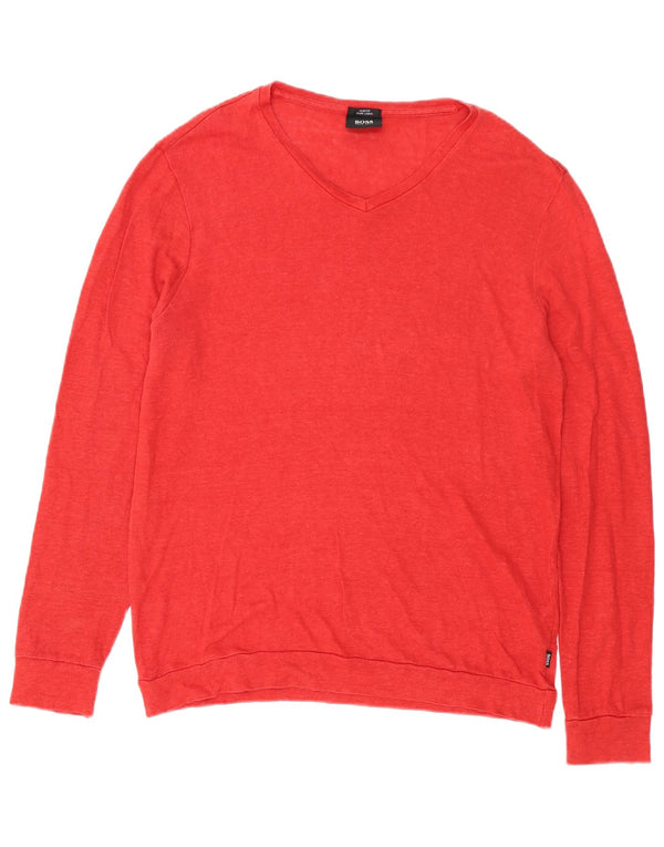 Hugo Boss Mens Slim Fit Moletom Jumper Grande Linho Vermelho