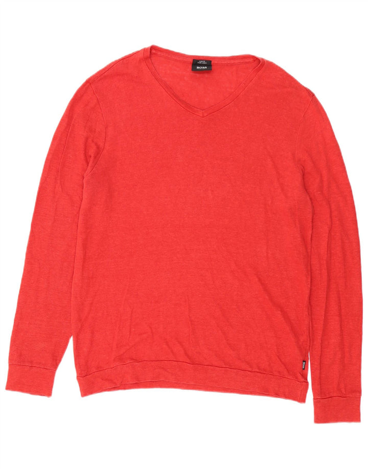 Hugo Boss Mens Slim Fit Moletom Jumper Grande Linho Vermelho