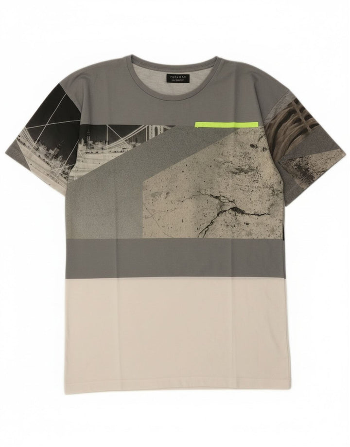 Zara Camiseta masculina gráfica Top pequeno bloco cinza colorido