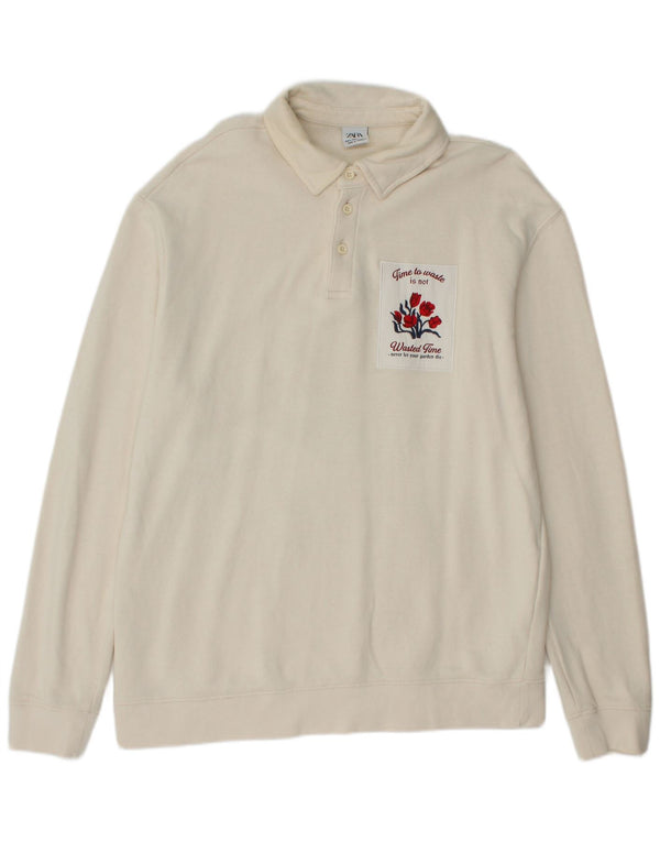 Moletom masculino Zara com gola polo gráfica Jumper XL de algodão branco