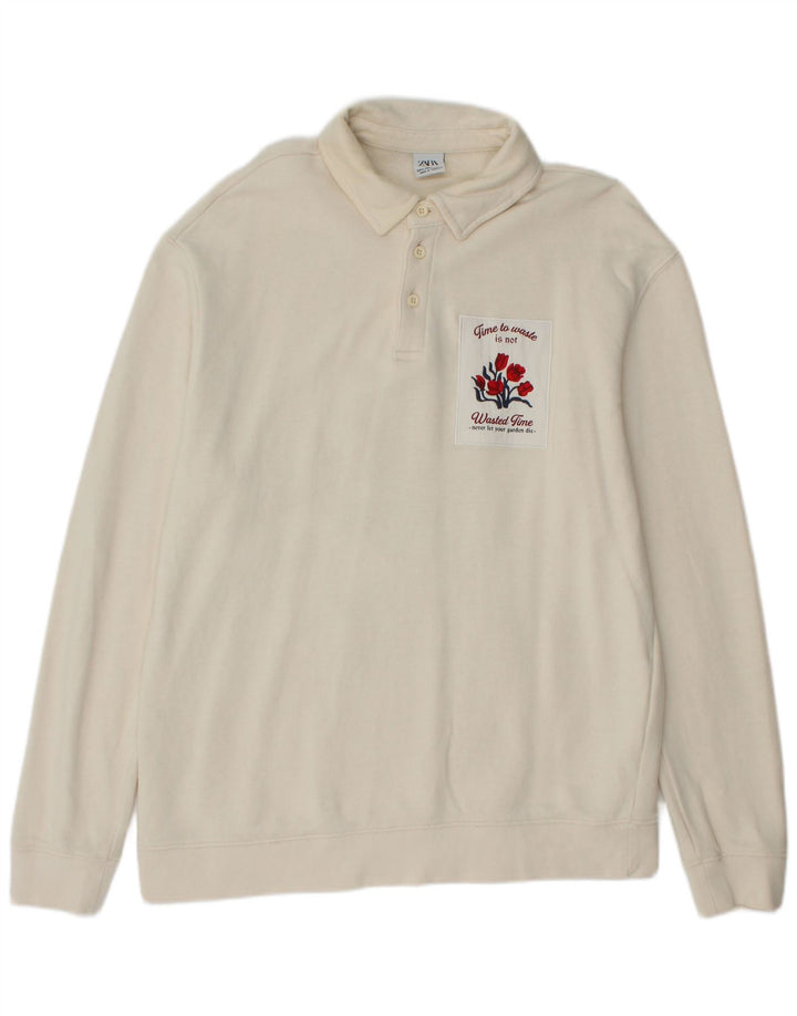 Moletom masculino Zara com gola polo gráfica Jumper XL de algodão branco