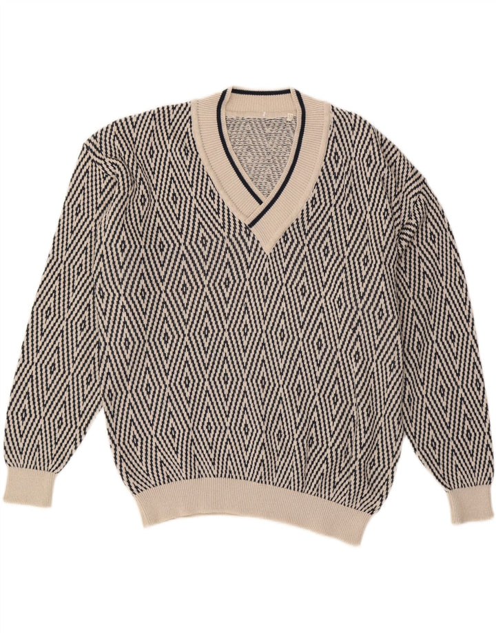VINTAGE Mens V-Neck Jumper Sweater IT 52 Large White Argyle/Diamond Cotton Vintage Vintage and Second-Hand Vintage from Messina Hembry 