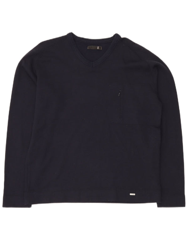 Suéter masculino TED BAKER com decote em V tamanho 5 XL azul marinho algodão