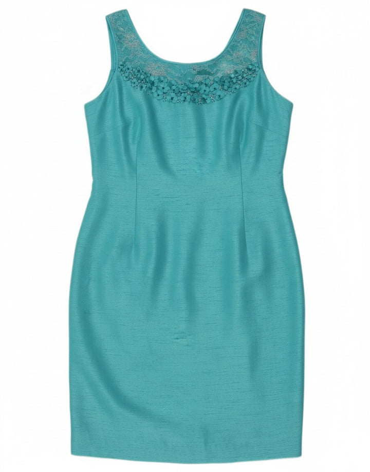 Vestido feminino Jacques Vert sem mangas com bainha UK 14 poliéster azul médio
