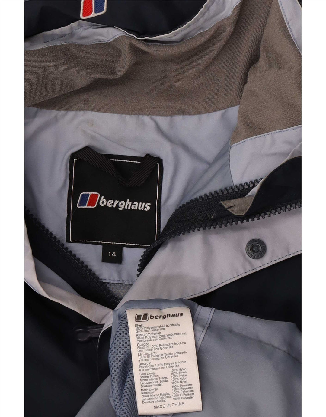 Jaqueta de chuva feminina com capuz Berghaus UK 14 grande poliéster azul marinho