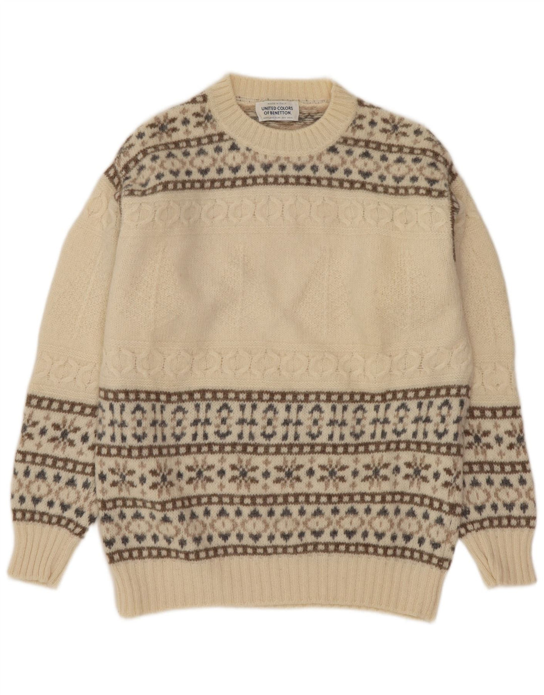 Suéter masculino Benetton com gola redonda, pequeno off white Fair Isle Wool