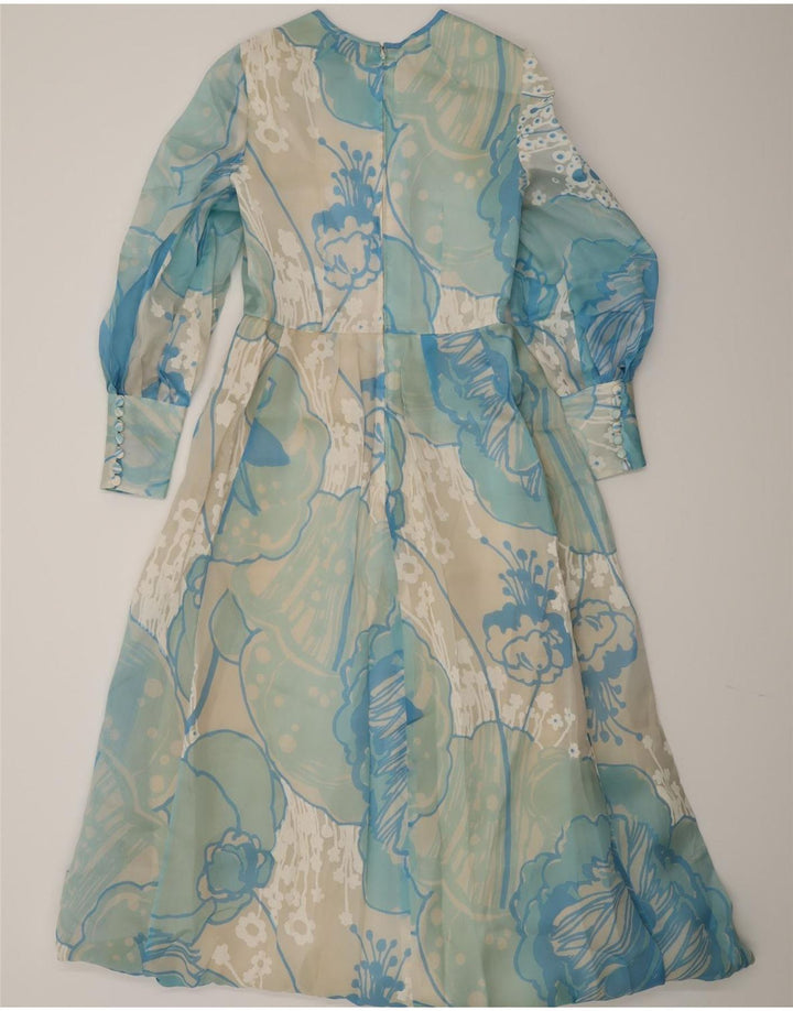 Vestido maxi feminino vintage de manga comprida UK 12 floral azul médio