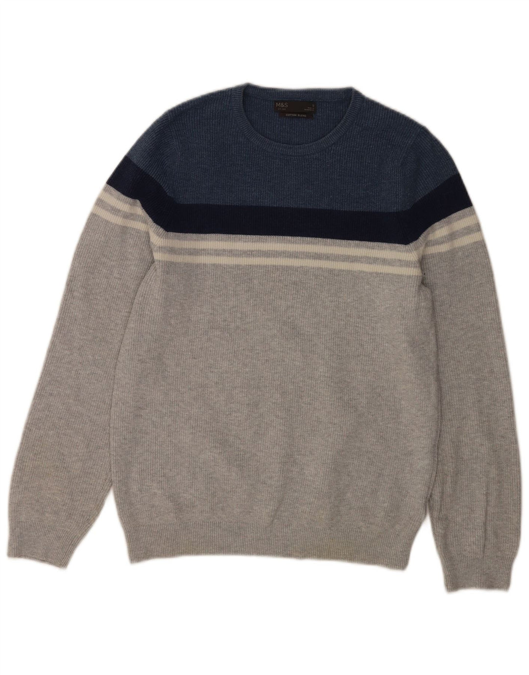 Suéter masculino Marks & Spencer com gola redonda e bloco colorido cinza pequeno