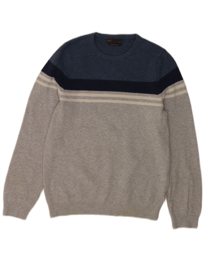 Suéter masculino Marks & Spencer com gola redonda e bloco colorido cinza pequeno