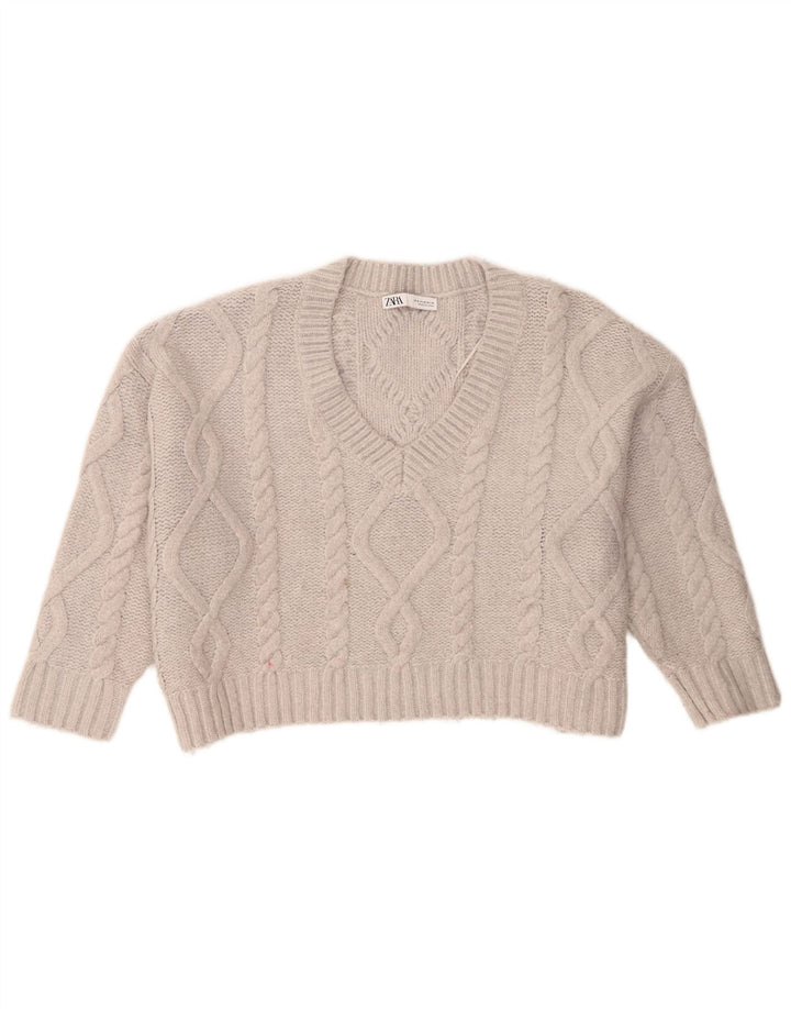Suéter feminino Zara com decote em V superdimensionado Reino Unido 14 cinza médio acrílico