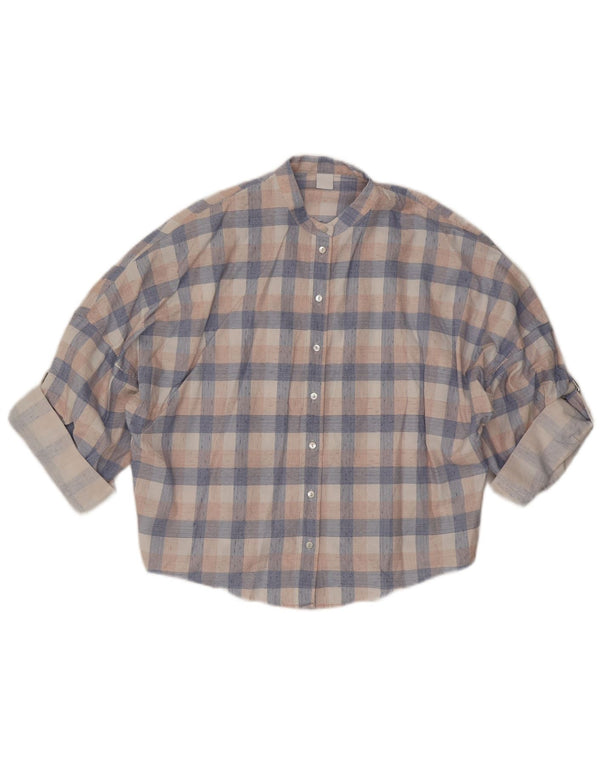 Camisa feminina Hugo Boss manga 3/4 oversized Reino Unido 8 linho xadrez azul pequeno