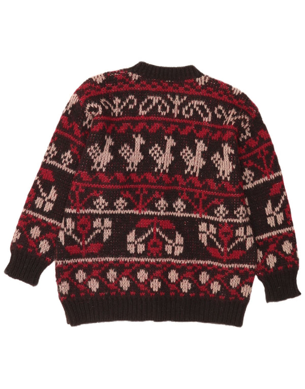 Suéter cardigã feminino vintage Reino Unido 16 grande lã Fair Isle Borgonha