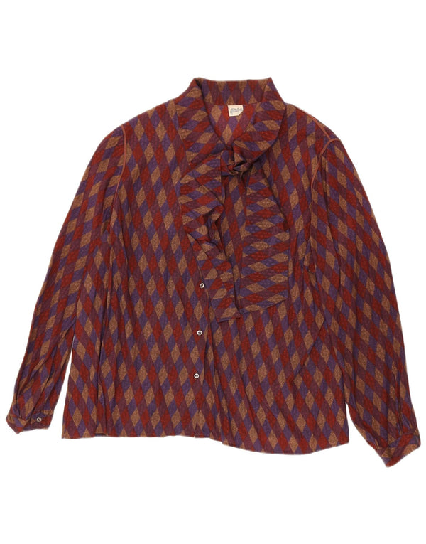Blusa feminina vintage com gravata frontal Reino Unido 16 seda geométrica vermelha grande