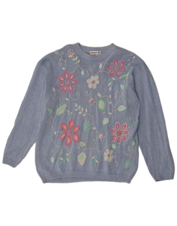Jumper feminino com gola canoa suéter UK 18 XL azul floral algodão