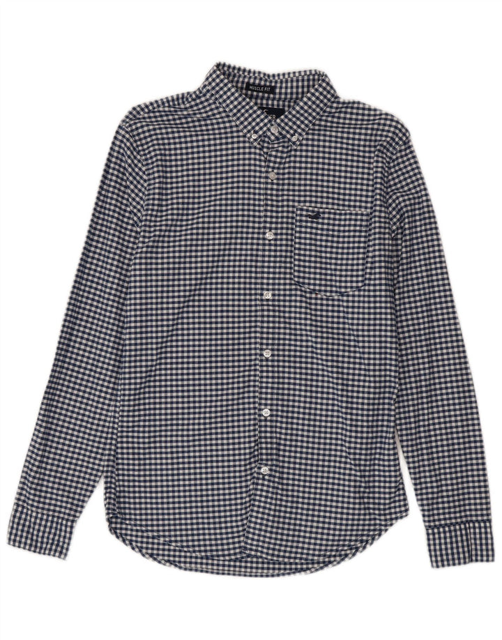 Camisa masculina Hollister pequena azul algodão guingão