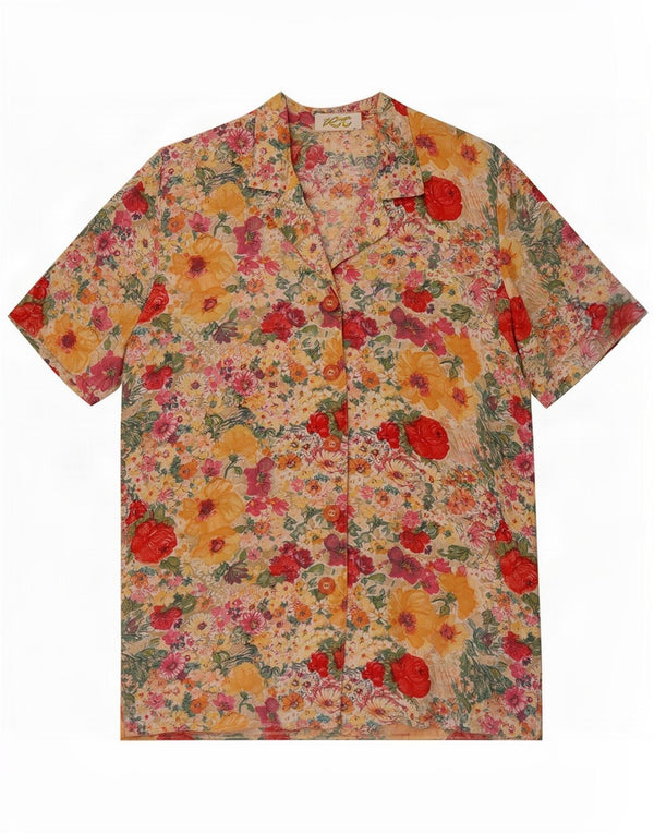 Blusa feminina vintage de manga curta UK 16 grande floral multicolorida