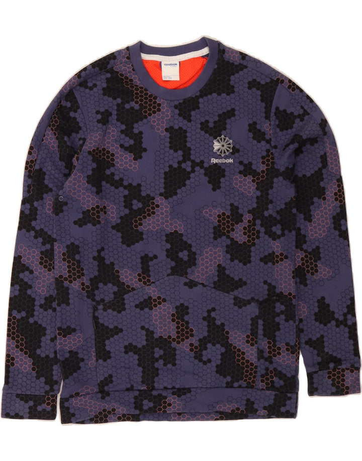 REEBOK Womens Sweatshirt Jumper UK 14 Medium Purple Geometric Cotton Vintage Reebok and Second-Hand Reebok from Messina Hembry 