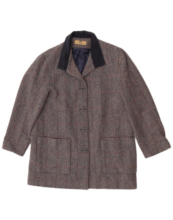 Sobretudo feminino Henry White UK 16 grande lã de cordeiro xadrez cinza