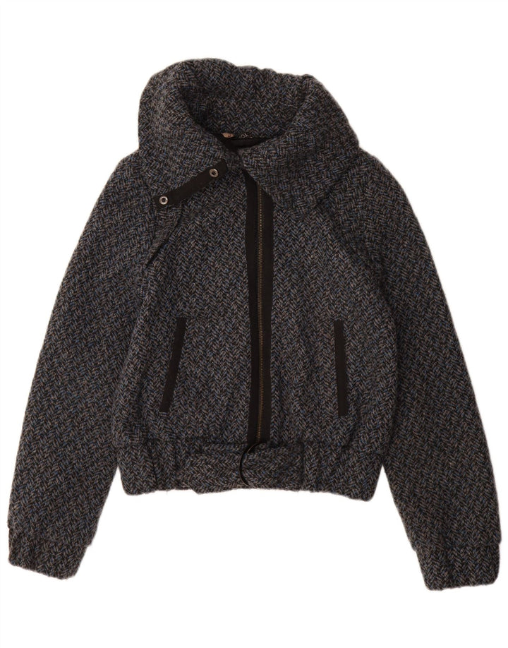 Jaqueta bomber feminina Topshop Reino Unido 10 poliéster espinha de peixe azul pequeno