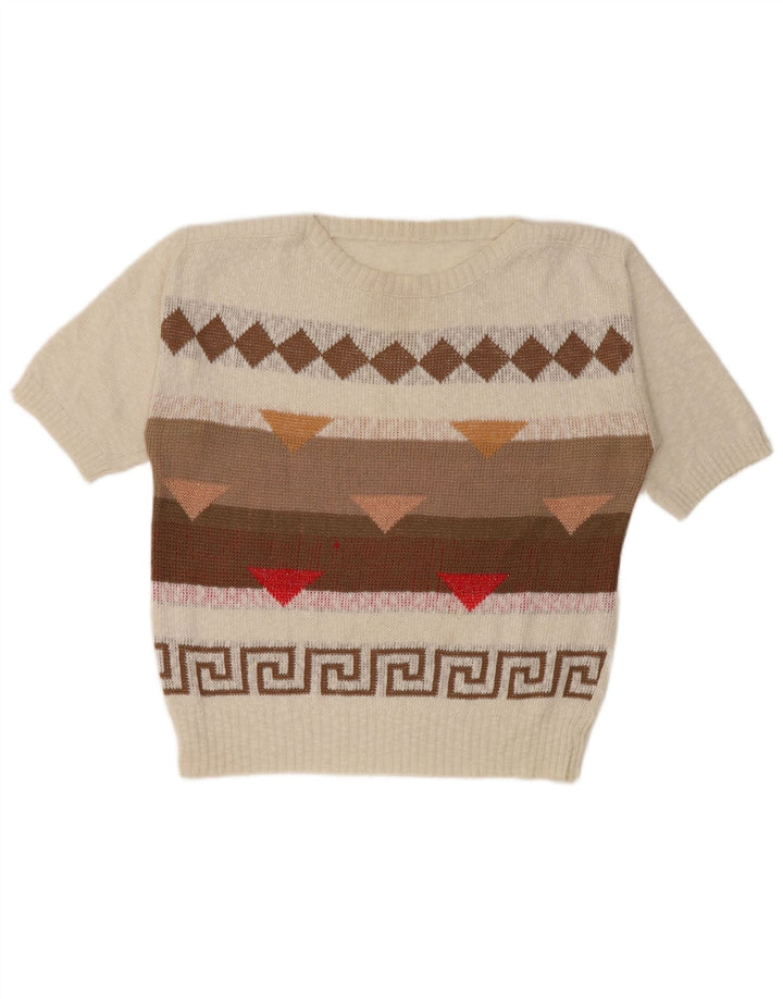 Suéter feminino vintage com gola canoa Reino Unido 14 médio branco geométrico