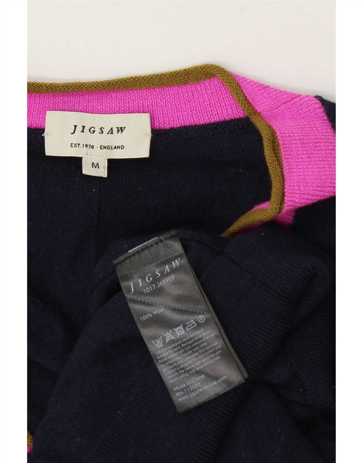Suéter cardigã feminino Jigsaw Reino Unido 14 lã colorblock azul marinho médio