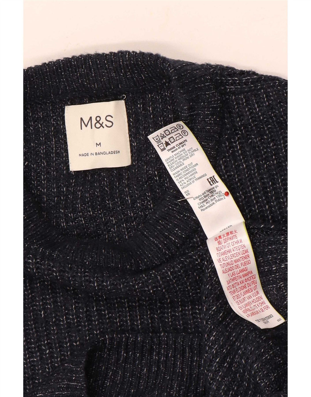 Suéter masculino Marks & Spencer com gola redonda, médio azul marinho manchado