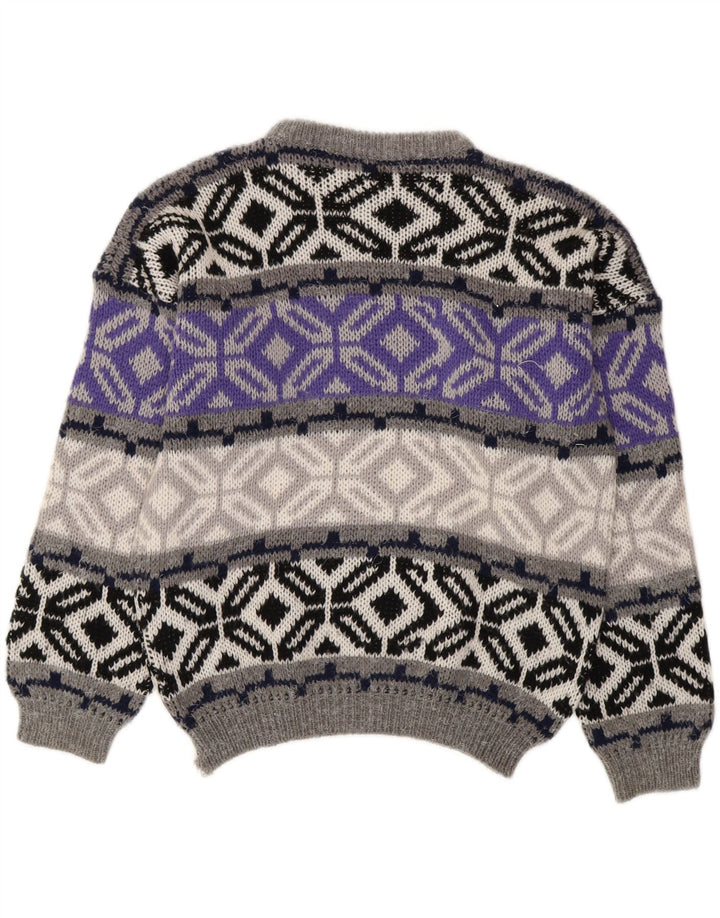 Suéter masculino vintage com gola redonda, pequeno cinza Fair Isle