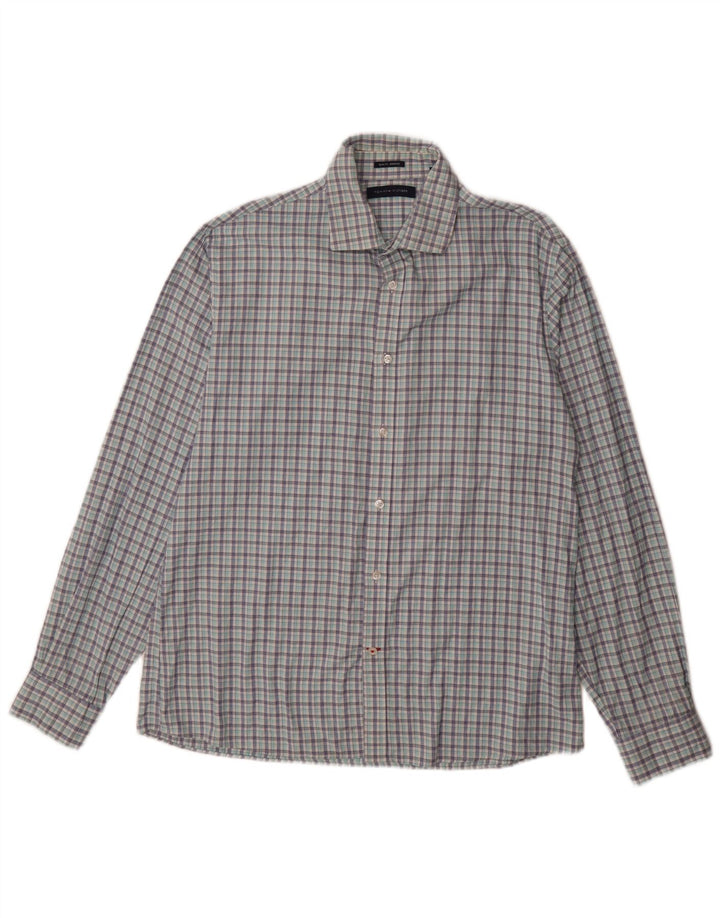 Camisa masculina Tommy Hilfiger Stretch Slim Fit tamanho 16 1/2 grande xadrez azul