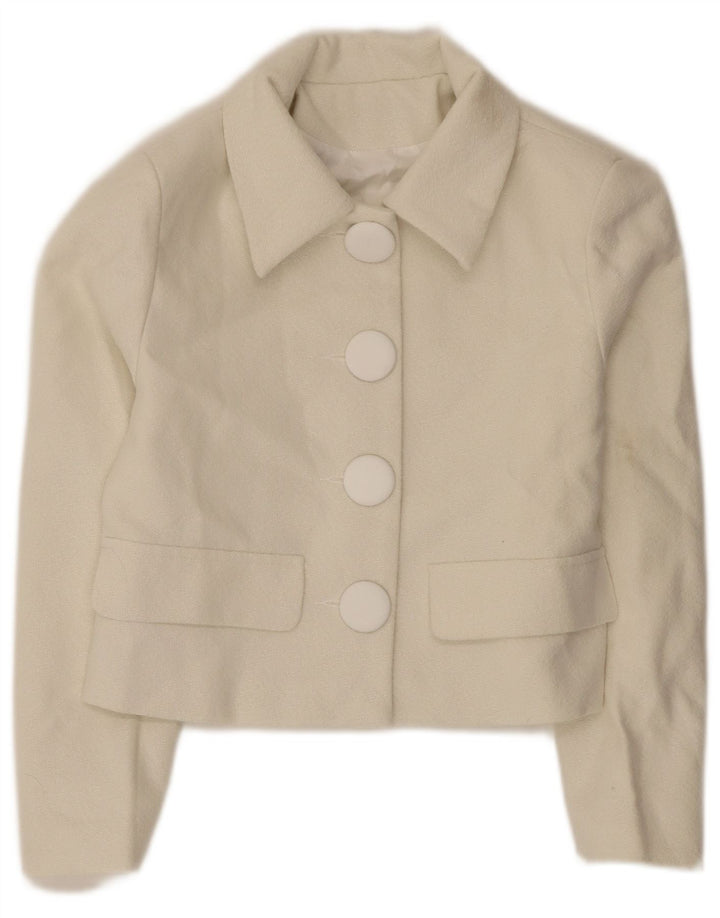 Jaqueta Bolero feminina vintage Reino Unido 10 poliéster branco esbranquiçado pequeno