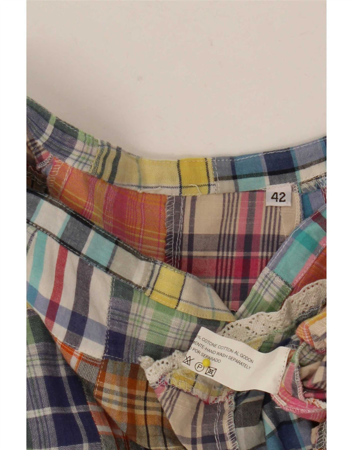 Saia larga feminina vintage IT 42 médio W29 patchwork multicolorido algodão