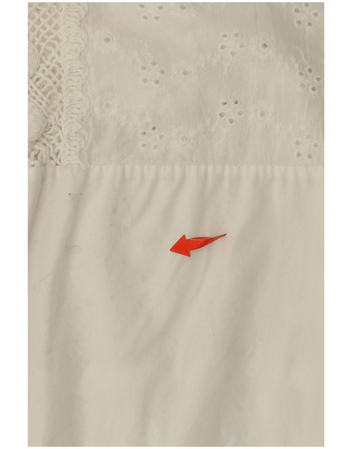 Blusa feminina VINTAGE manga 3/4 Reino Unido 14 algodão floral branco médio