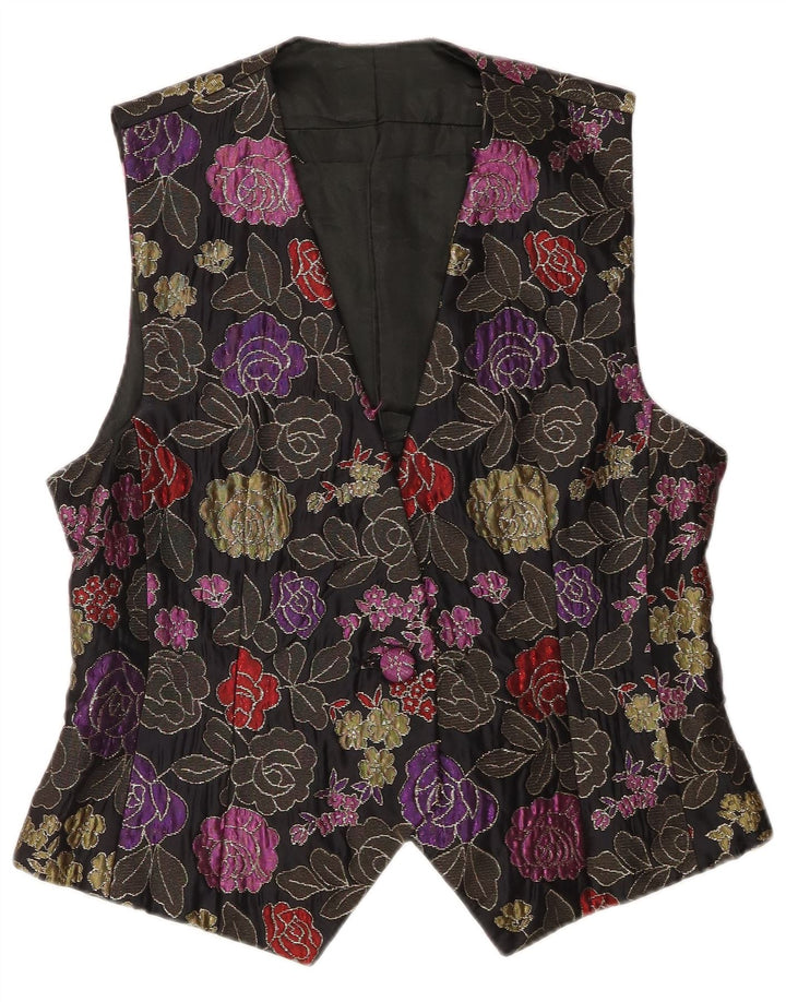 Colete feminino vintage UK 12 médio preto floral