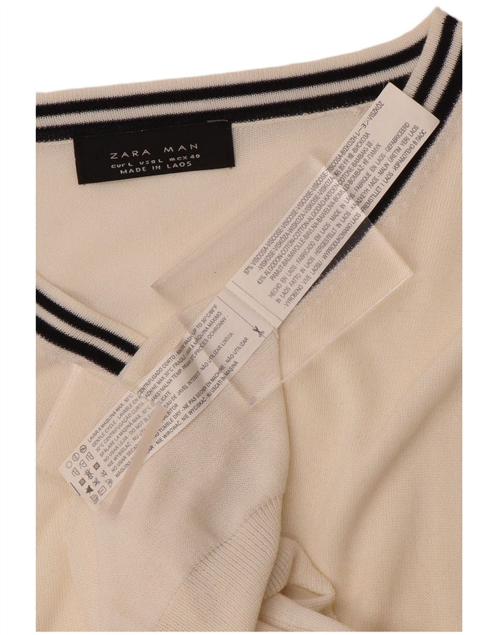ZARA Suéter masculino com decote em V, grande, branco, viscose colorblock