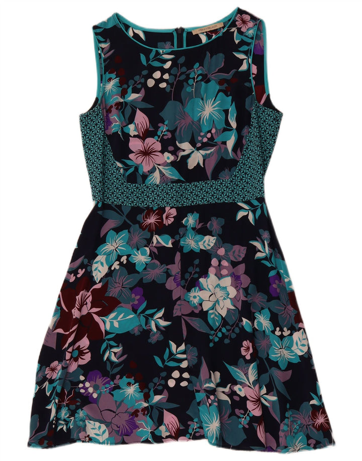Vestido feminino sem mangas evasê PENNY BLACK Reino Unido 12 médio azul marinho floral
