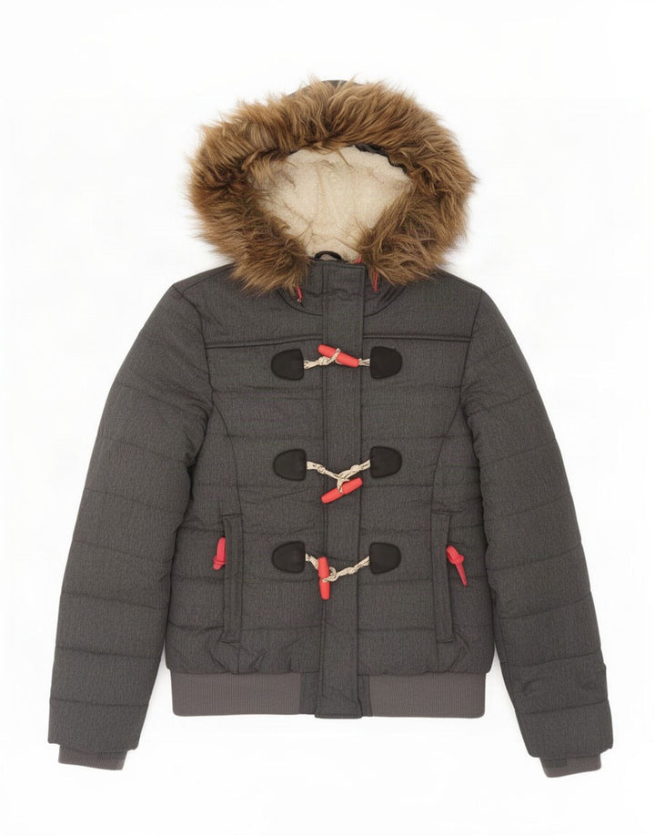 Jaqueta acolchoada bomber com capuz feminina Superdry UK 14 grande poliéster cinza