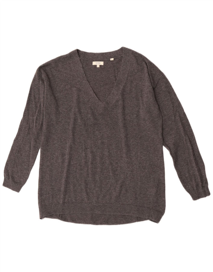 Suéter feminino Fat Face com decote em V grande Reino Unido 12 lã cinza médio