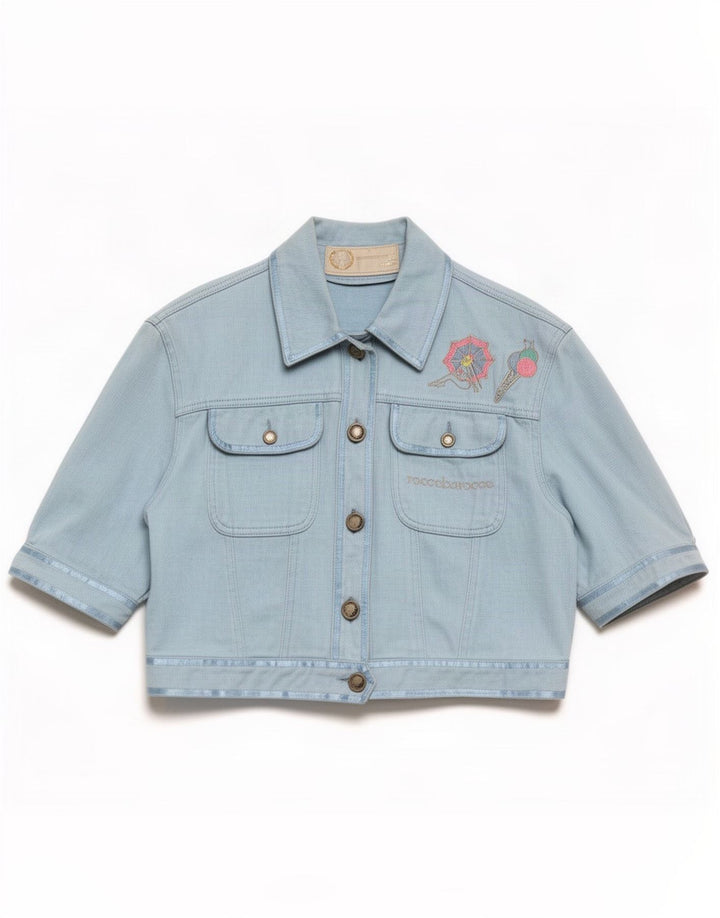 Jaqueta jeans feminina Roccobarocco Crop Graphic IT 44 Azul Médio