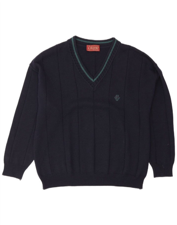 Suéter masculino Il Granchio com decote em V, grande lã azul marinho