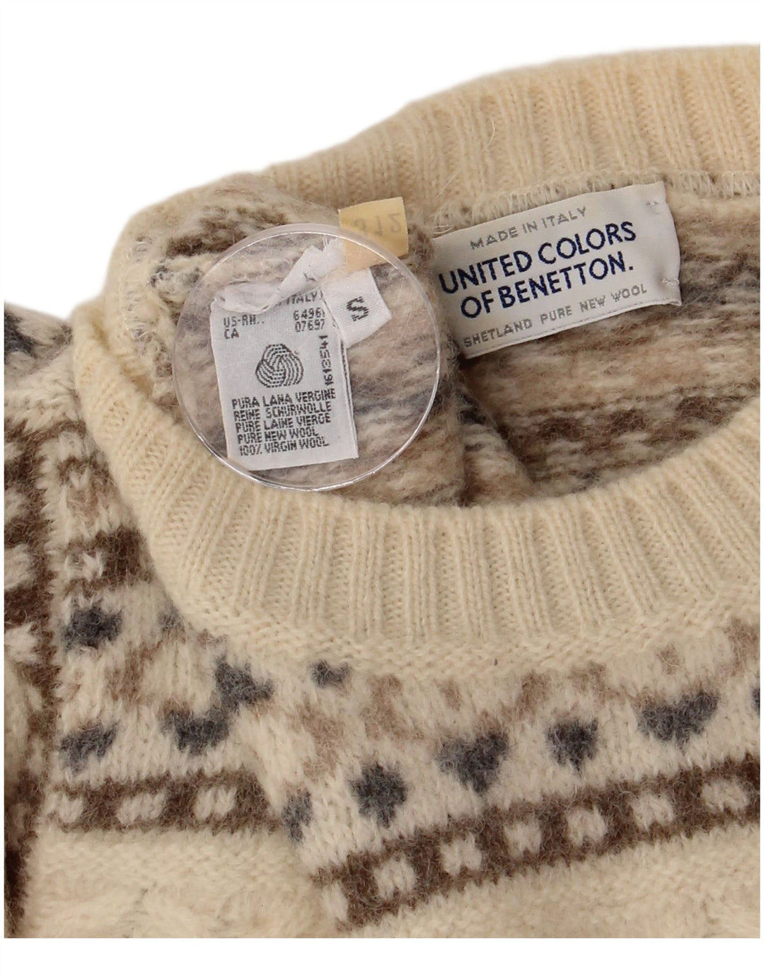 Suéter masculino Benetton com gola redonda, pequeno off white Fair Isle Wool