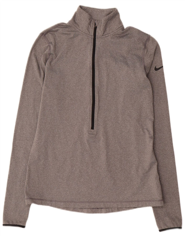 Nike Womens Dri Fit Zip Neck Pullover Treino Top UK 14 Grande Cinza