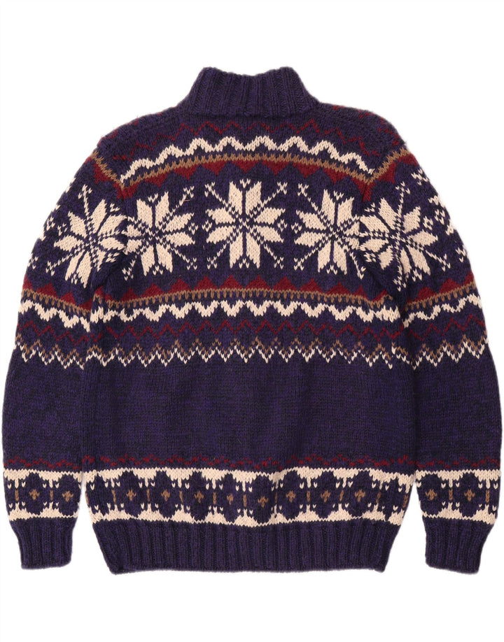 Suéter cardigã masculino vintage médio azul Fair Isle