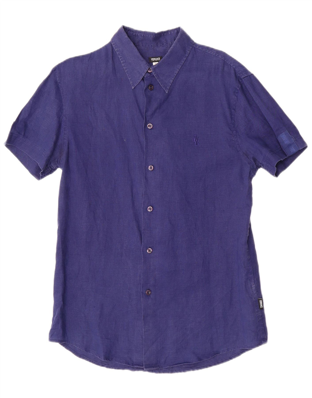 Versace Camisa masculina de manga curta pequena linho azul marinho