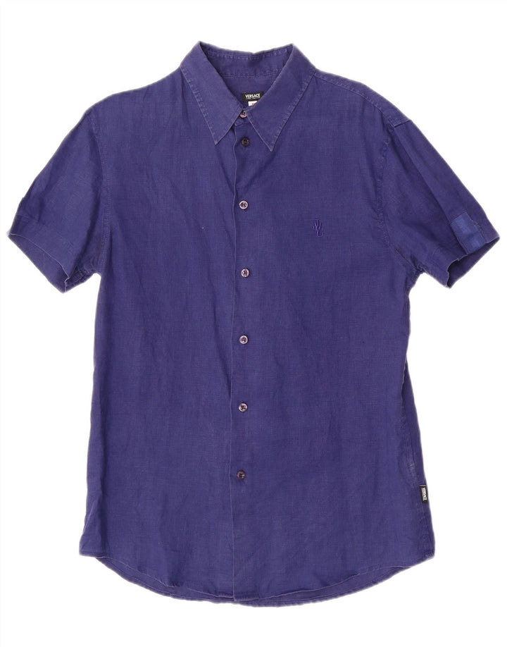 Versace Camisa masculina de manga curta pequena linho azul marinho