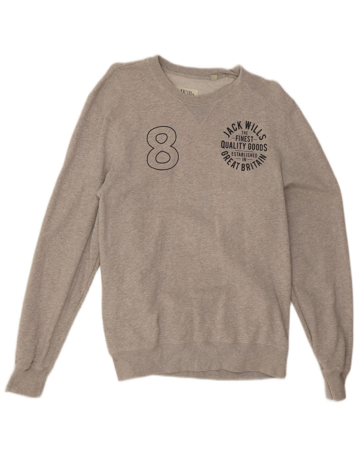 Jack Wills moletom gráfico masculino jumper médio cinza algodão manchado