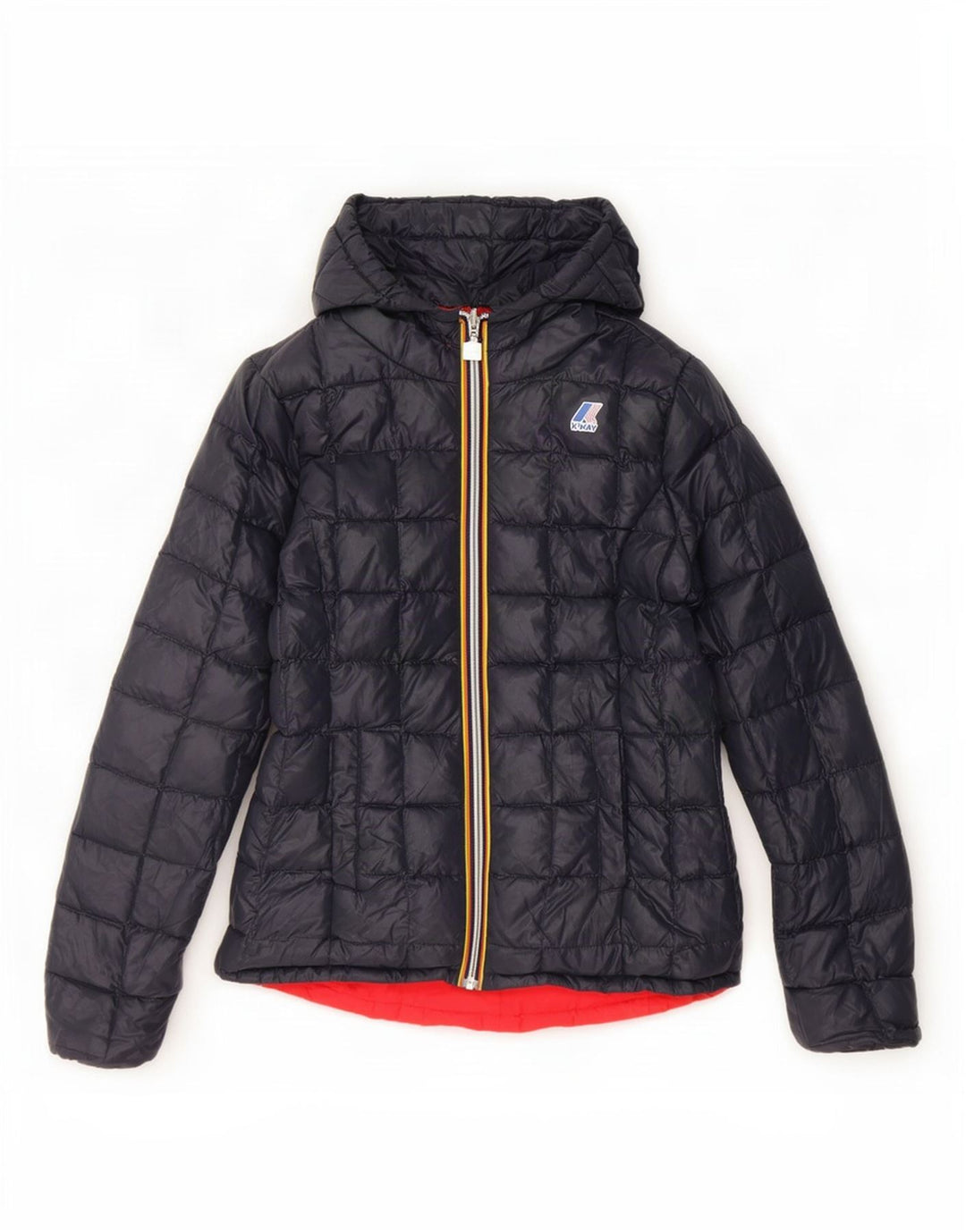 Jaqueta acolchoada reversível com capuz feminino K-Way Reino Unido 10 pequeno azul marinho